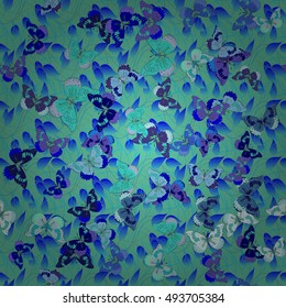 Vector seamless pattern with blue butterflies on grey background. Element for design.