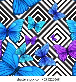 Vector seamless pattern with blue butterfly, black and white geometric background