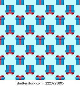 Vector seamless pattern of blue cartoon giftbox on light blue background. Suitable for web sites, textile, printing, wrappers. Christmas and New Year concept