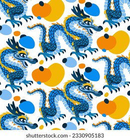 Vector seamless pattern with blue Chinese dragons with spots. Hand-drawn. Abstract art print. Wallpaper, fabric design, fabric, napkin, textile design template, background. Mythological. Year Dragon