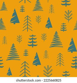 Vector seamless pattern with blue Christmas trees on a yellow background in a flat style. Ideal for print, wrapping paper, wallpaper, fabric, design.
