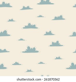 Vector seamless pattern with blue clouds. Cartoon cloudy sky, kids background.