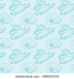 Vector seamless pattern in blue colors summer sea doodle seashells