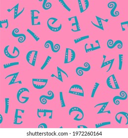Vector seamless pattern with blue creative letters on pink background.