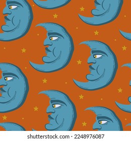 Vector seamless pattern with blue crescent moons and yellow stars on deep orange bakground. Astrological concept.