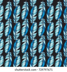 Vector seamless pattern with blue detailed bird feathers on a black background.