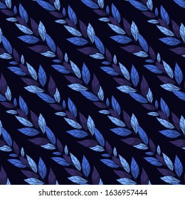 Vector seamless pattern with blue diagonal branches and leaves on dark blue background; foliage design for fabric, wallpaper, textile, wrapping paper, package, web design.