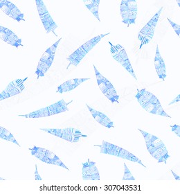 Vector seamless pattern with blue doodle tribal feathers. Creative design for card, web design background, book cover. EPS10 
