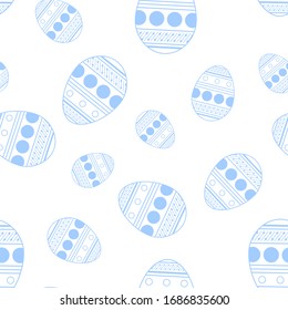 Vector seamless pattern with blue easter eggs on a white background. Ornamental image for Easter celebration. Picture for packaging and textiles.