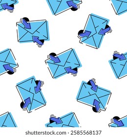 Vector seamless pattern with blue email envelopes and arrows. Perfect for digital communication, online messaging, and mailing service designs.