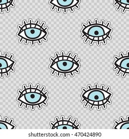 Vector seamless pattern with blue eye. Hand drawn cute and funny fashion illustration patches or stickers kit. Modern doodle pop art sketch badges and pins