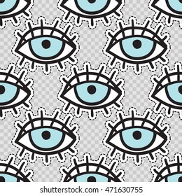 Vector seamless pattern with blue eye. Modern doodle pop art background formed badges, stickers or pins.