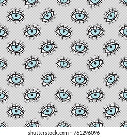 Vector seamless pattern with blue eye. Hand drawn cute and funny fashion illustration patches or stickers kit. Modern doodle pop art sketch badges and pins