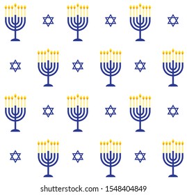 Vector Seamless Pattern Of Blue Flat Cartoon Hanukah Candles And Jewish Stars Isolated On White Background