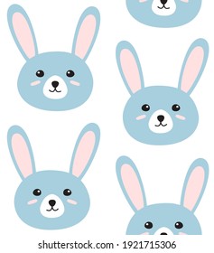 Vector Seamless Pattern Of Blue Flat Doodle Hand Drawn Colored Rabbit Bunny Face Isolated On White Background