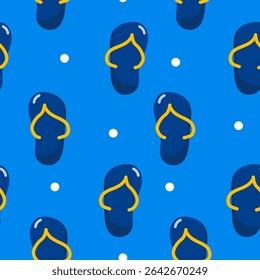 Vector seamless pattern of blue flip-flops with yellow straps and white dots on a bright blue background. Ideal for summer-themed designs.

