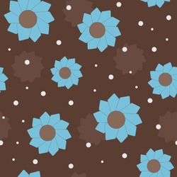 Vector Seamless Pattern Of Blue Flowers And White Dots On The Brown Background. Wallpaper, Cover, Bookscrapping Use.