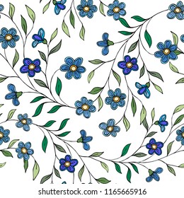 Vector seamless pattern blue flowers on a white background.