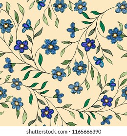 Vector seamless pattern blue flowers on a yellow background.