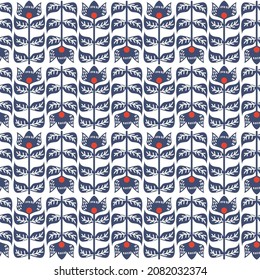 Vector seamless pattern with blue flowers in cartoon style on a white background. Ornament for template, textiles, surfaces, packaging.
