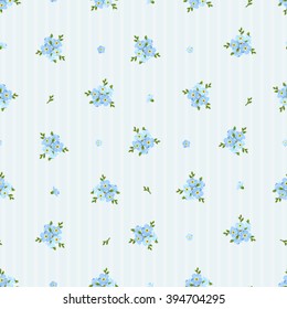 Vector seamless pattern with blue forget-me-not flowers on a striped background.