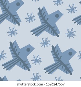 Vector seamless pattern with blue geometric birds and snowflakes on light isolated background. Background for holidays wallpaper, fabric, prints, cards, packaging. 