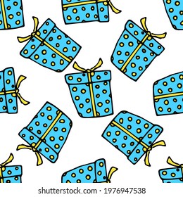 Vector seamless pattern of a blue gift box with a yellow ribbon and a polka dot pattern on a white background. Hand drawn rectangular gift box pattern black outline with yellow dots texture side view 