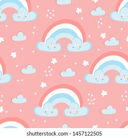 Vector seamless pattern blue hand drawn clouds,rainbow,stars on pink sky background. Baby graphic textile print. Summer fashion nature texture. 