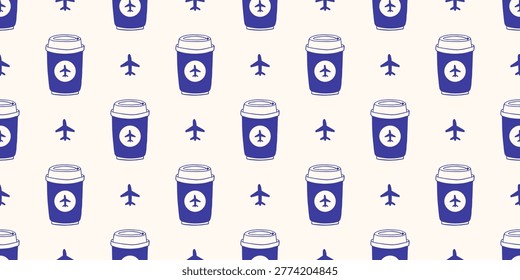 Vector seamless pattern of blue hand drawn outline monochrome doodle takeaway coffee cup with airplane icon background. Cozy mediterranean navy airport drink print design for cafe and travel decor.