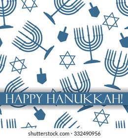 Vector seamless pattern with blue Hanukkah candles, dreidel and star of David on white background