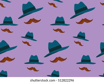 Vector seamless pattern with blue hat and moustache