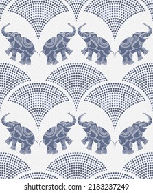 Vector seamless pattern from blue Indian elephant silhouette with ethnic ornaments and fountain from water drops on a light grey background with white waves