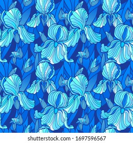 Vector seamless pattern blue irises on a dark blue background