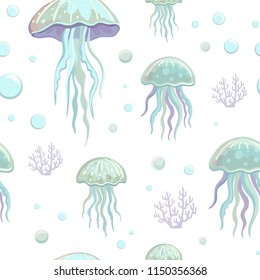 Vector seamless pattern with blue jellyfish, bubbles and corals on a white background