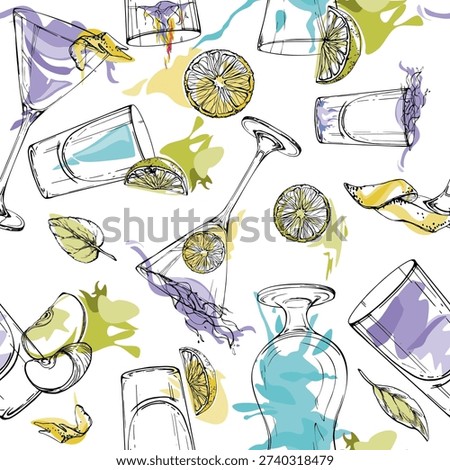 Vector seamless pattern of blue and lavender cocktails with shot ink glasses, citrus wheels and juice splatter. Hand drawn repeat for packaging, gift wrap, textiles, digital papers and themed decor.