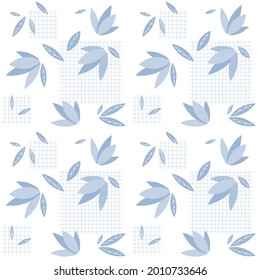 Vector seamless pattern with blue leaves and mesh cells on a white background. Printing on paper and fabric.