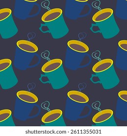Vector seamless pattern of blue and light blue cups of hot tea or coffee on a dark blue background, for wallpaper, printing on fabrics, wrapping paper, creating backgrounds for design or brand element