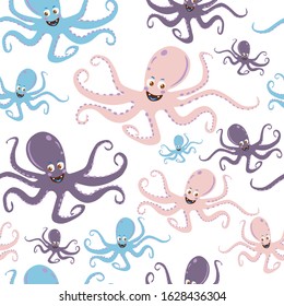 Vector seamless pattern with blue, lilac and pink octopus. Hand drawn illustration in vintage style for fabric, wrapping, wallpaper, apparelbackground and other marine design.