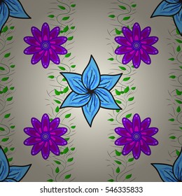 Vector seamless pattern with blue and lilac flowers. Radial gradient shape.