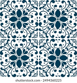 Vector seamless pattern of blue Mediterranean tiles with hand-painted traditional illustrations on a white background. This design can be used for such as printing and would look great as a backdrop.