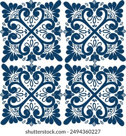 Vector seamless pattern of blue Mediterranean tiles with hand-painted traditional illustrations on a white backdrop. This design can be used for such as printing and would look great as a background.