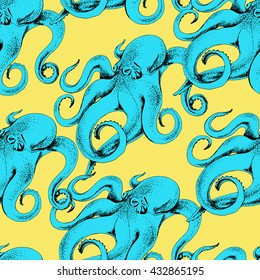 Vector seamless pattern with blue Octopus on yellow. Hand drawn illustration in vintage style for fabric, wrapping, background and other marine design. 