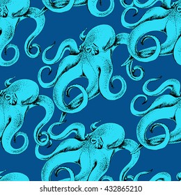 Vector seamless pattern with blue Octopus on blue background. Hand drawn illustration in vintage style for fabric, wrapping, background and other marine design. Vector octopus background.