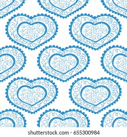 Vector seamless pattern of blue ornate hearts with blue frills