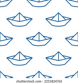 Vector seamless pattern with blue outline origami boat