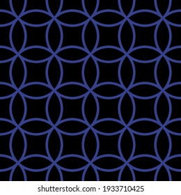 Vector seamless pattern with blue overlapping circles. Repeating minimalistic geometric lattice. Abstract monochrome background design.
