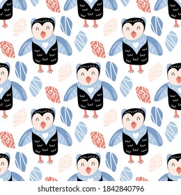 Vector seamless pattern blue owl with eggs in forest. 