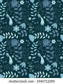 vector seamless pattern in blue palette on dark  background of stylized ethnic bird and nature