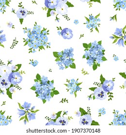 Vector seamless pattern with blue pansies, bluebells, plumbago and forget-me-not flowers on white.
