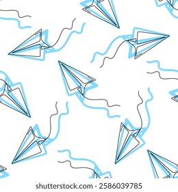 Vector seamless pattern with blue paper airplanes and flight trails. Perfect for travel, adventure, dreams, and childhood themes.